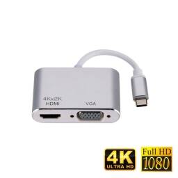 ADAPTADOR HUB USB TIPO C A HDMI Y VGA + 4K UHD + 1080P FHD