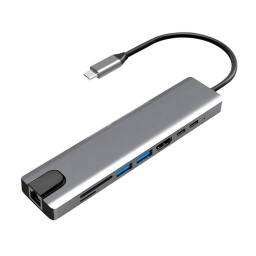 HUB 8 en 1 Metalico / USB Tipo C / 4K / Power Delivery / RJ45 Gigabit / Plug & Play