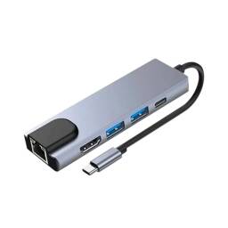HUB 5 en 1 Metalico / USB Tipo C / 4K / RJ45 / Plug & Play